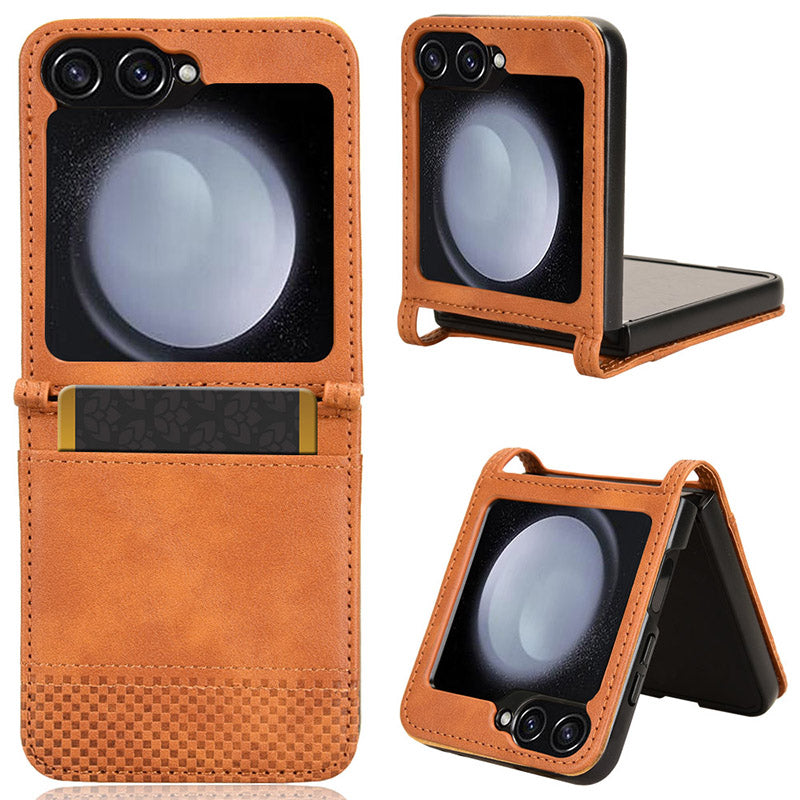 For Samsung Galaxy Z Flip6 5G Cover Retro Texture One-Piece Design PU Leather+PC Phone Case Shell with Card Slot - Brown For Samsung Galaxy Z Flip6 5G Cover Retro Texture One-Piece Design PU Leather+PC Phone Case Shell with Card Slot - Brown